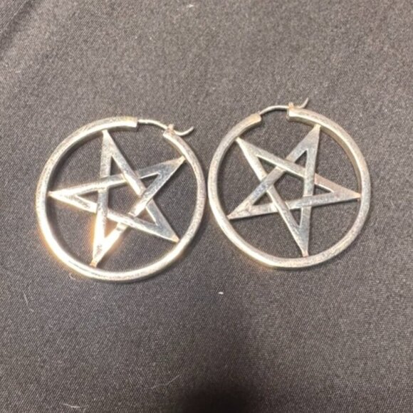 Loved to Death Sterling Silver Pentagram Hoop Earrings - Picture 1 of 3